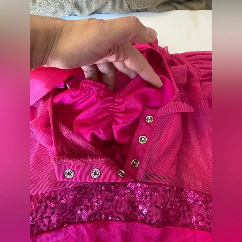 Kelle solo dance costume hot pink 2 piece leotard halter long sleeve mesh MC